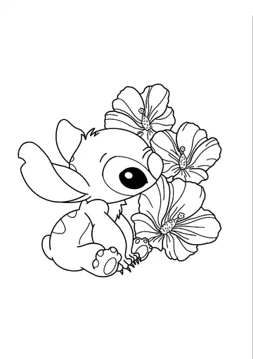 Lilo & Stitch – Stitch with Hibiscus Flowers coloring page