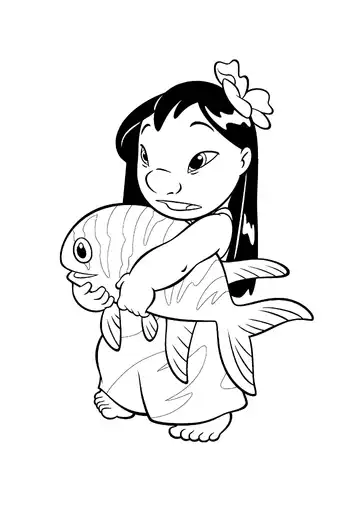 Lilo & Stitch - Lilo hugging a fish coloring page