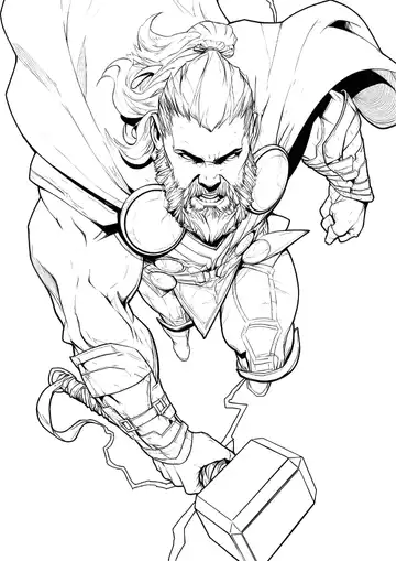 Thor striking with Mjolnir coloring page