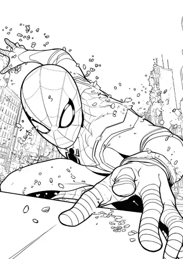 Spider-Man swinging through the city coloring page