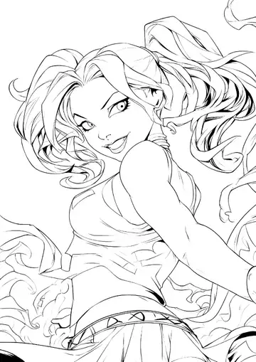 Playful Harley Quinn dynamic pose coloring page