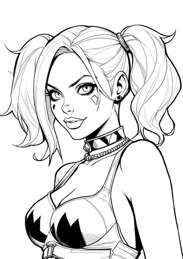 Harley Quinn confident portrait coloring page